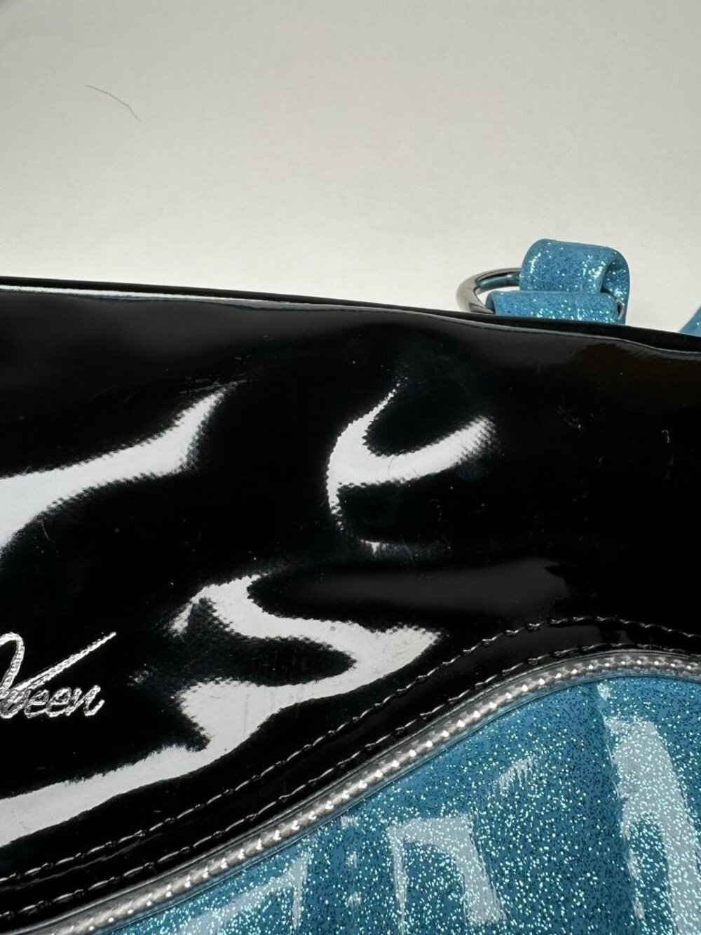 OOAK Trophy Queen Tuck and Roll Tote Blue Black Leopard Print Leather Hot Rod - Picture 10 of 13